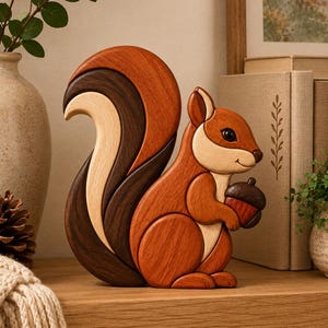 May include: A decorative wooden squirrel figurine crafted from multiple shades of wood, featuring a large, curved tail with dark brown, light tan, and reddish-brown segments. The squirrel holds a small brown acorn in its front paws.