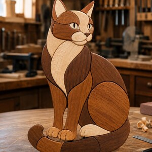 Cat Intarsia Pattern Scroll Saw Woodworking Printable Template Feline Wall Art Cat Lover Gift Rustic Home Decor Farmhouse Style DIY Project