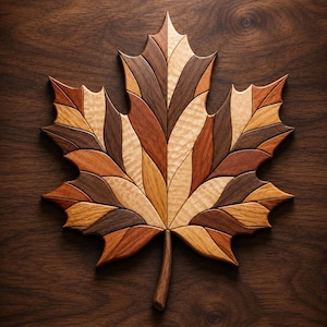 May include: A decorative maple leaf shaped object constructed from multiple segments of wood in varying shades of brown, ranging from light tan to dark espresso, featuring a central stem and intricate grain patterns throughout the surface.