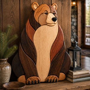 Bear Intarsia Pattern DIY Scroll Saw Woodworking Template Wildlife Wall Art Rustic Cabin Decor Mountain Lodge Style Woodland Guardian