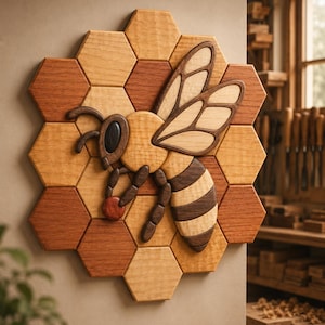 May include: A wall-mounted wooden art piece featuring a bee centered on a honeycomb pattern. The bee is crafted from light and dark wood segments, with wings and a striped abdomen. The honeycomb consists of hexagonal tiles in varying wood tones.