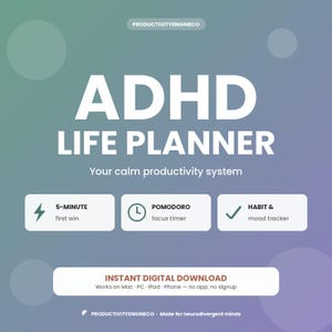 ADHS Tagesplaner Digitaler Download | Interaktiv mit Pomodoro Focus Timer, Habit Tracker & Mood Log