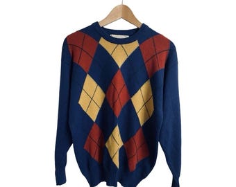 Hardenglen Blue Yellow Red Argyle Diamond Jumper Large 100% New Wool Old Money Scotland Preppy Golf Countrycore Gents 90s