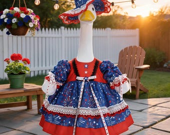 Colonia patriótica, conjunto de vestido y sombrero para ganso de porche de 23 pulgadas, decoración del 4 de julio