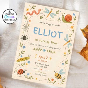May include: A rectangular birthday party invitation card with a cream background featuring watercolour illustrations of insects including a spider, snail, caterpillar, ladybug, bee, and dragonflies. The text reads: we're buggin' out! ELLIOT is turning four join us for a birthday party! April 2 at 2:00 pm 846 Maple Lane Seattle, WA RSVP to jen 206 352 2032.