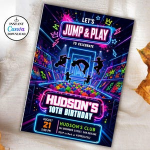 Trampoline Park Birthday Invitation, Jump Party Invite, Editable Canva Template, Kids Birthday Digital Invite, Instant Digital Download