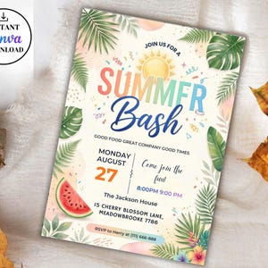 Summer Bash Invite Template, Printable Block Party Flyer, Schools Out Pool Party Evite, Barbeque Cookout Decor, Family Celebration, Canva