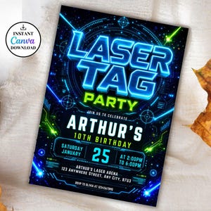 Pode incluir: Um folheto de convite retangular para uma festa de laser tag com fundo azul escuro e padrões de grade digital em azul e verde neon. O texto diz LASER TAG PARTY, JOIN US TO CELEBRATE ARTHUR'S 10TH BIRTHDAY, SATURDAY JANUARY 25, 2:00PM TO 6:00PM.