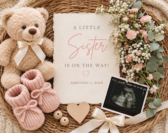 Little Sister Pregnancy Announcement Editable Template | Little Sister is on the Way Social Media Post | Baby Girl Reveal (Digital Download)