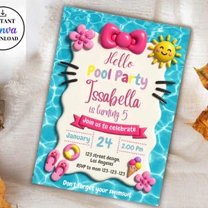 May include: A rectangular pool party invitation card featuring a blue water background, a pink bow, a yellow sun, and pink flowers. The text reads Hello Pool Party, Issabella is turning 5, Join us to celebrate, January 24, 2:00 Pm, and location details.