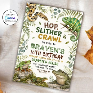 Reptile Birthday Invitation Editable Canva Template | Watercolor Snake Lizard Alligator Frog Hop Slither and Crawl Party| Instant download