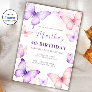 May include: A birthday invitation with watercolour butterflies in purple and pink. The invitation reads "Martha's 4th Birthday" with event details. Includes an "Instant Canva Download" logo.