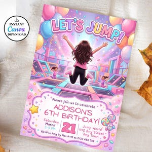 Puede incluir: Una tarjeta de invitación de cumpleaños rectangular con el texto LET'S JUMP! y Please join us to celebrate ADDISON'S 6TH BIRTHDAY! El diseño muestra una ilustración de dibujos animados de niños saltando en trampolines con globos coloridos.