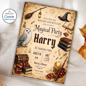 May include: A rectangular party invitation with a parchment-style background featuring illustrations of a white owl, a witch hat, a broom, books, a chest, and a crystal ball. The text reads: Calling all wizard and witches, Magical Party, Harry, is turning four.