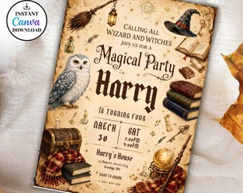 Plantilla editable de invitación de cumpleaños de magos y brujas / Invitación de cumpleaños de escuela mágica / Plantilla de Canva para fiesta de cumpleaños de magia