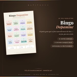 Puede incluir: Una hoja de juego Bingo Dopamine rectangular con fondo crema que presenta dieciséis cuadrados de colores pastel, cada uno con texto en francés y un pequeño círculo para marcar actividades de bienestar diarias, sobre un fondo marrón oscuro.