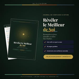 Peut inclure: Un journal numérique vert foncé intitulé Révéler le Meilleur de Soi avec un graphique d'étoile dorée. La mise en page comprend du texte en français, une liste de trois avantages cochés et un bouton doré TÉLÉCHARGEMENT IMMÉDIAT.