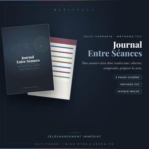 Peut inclure: Un journal de thérapie bleu foncé intitulé Journal Entre Séances avec une couverture blanche, présentant une vue de page secondaire avec des lignes colorées horizontales. Le texte inclut Suivi Thérapie, Méthode TCC, 9 Pages Guidées et Lexique Inclus.