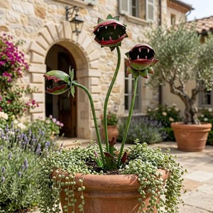 Op de afbeelding: Een terracotta pot gevuld met parelsnoerplanten, met drie metalen sculpturen van vleesetende planten met open monden. De sculpturen hebben groene stelen en rood-groene bloemhoofden, die lijken op de plant uit de film, Little Shop of Horrors.