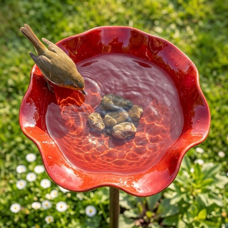 May include: A vibrant red bird bath with a scalloped edge, filled with water and small stones. A small bird is perched on the edge, drinking from the water. The bird bath is on a metal stand, set in a grassy garden.