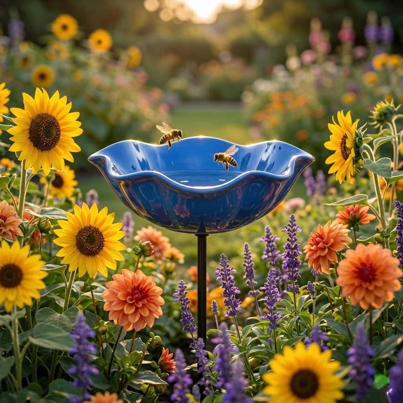 May include: A vibrant garden scene featuring a blue bird bath with a scalloped edge, surrounded by sunflowers, orange dahlias, and purple salvia. Two bees hover near the bird bath. The scene is bathed in warm sunlight.