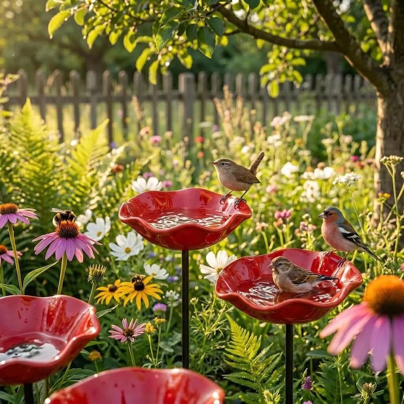 May include: A vibrant garden scene featuring several red bird baths filled with water. Small birds perch on the edges of the baths, surrounded by colorful flowers and lush greenery. The image captures a serene outdoor setting.