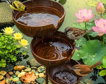 3-Tier Cascading Metal Bird Bath Fountain | Rustic Garden Water Feature Stake