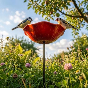 May include: A vibrant red bird bath with a scalloped edge, supported by a black metal pole, sits in a lush garden. Two small birds perch on the rim. The background features wildflowers, greenery, and a blue sky.