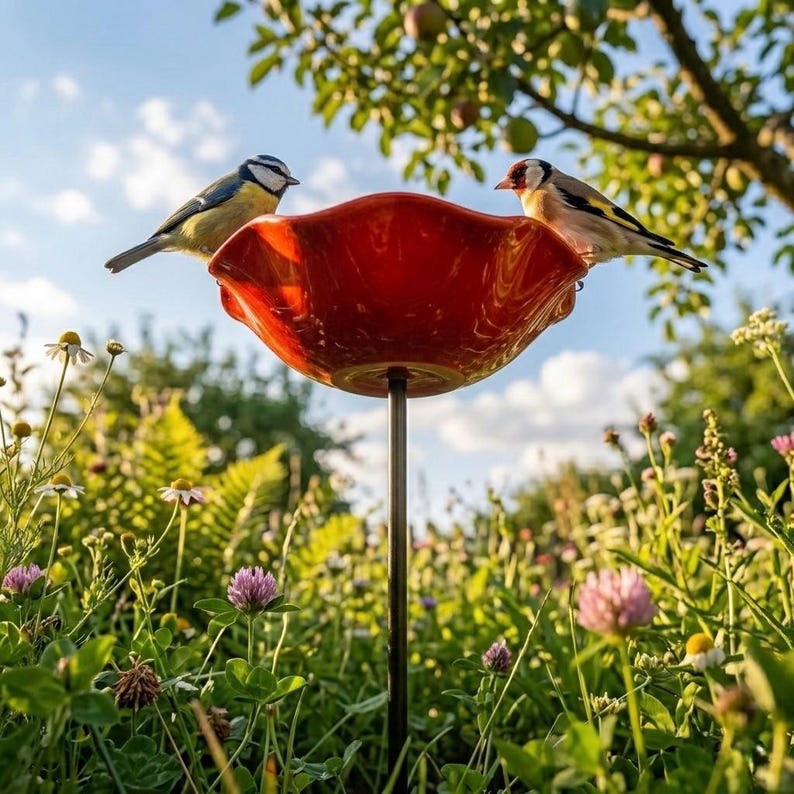 May include: A vibrant red bird bath with a scalloped edge, supported by a black metal pole, sits in a lush garden. Two small birds perch on the rim. The background features wildflowers, greenery, and a blue sky.