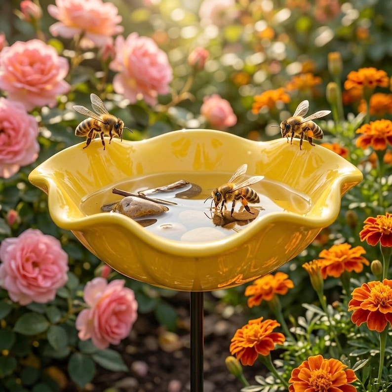 May include: A yellow ceramic bird bath with a scalloped edge, filled with water and small stones. Three bees are perched on the edge and inside the bath. The background features pink roses and orange marigolds in a garden setting.