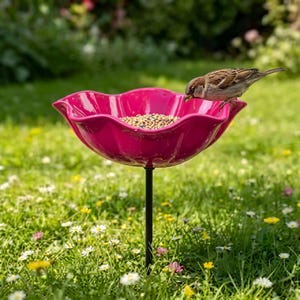 May include: A vibrant pink bird feeder shaped like a flower, filled with birdseed, stands in a grassy yard. A small brown bird perches on the edge, feeding. The feeder is supported by a black metal pole.
