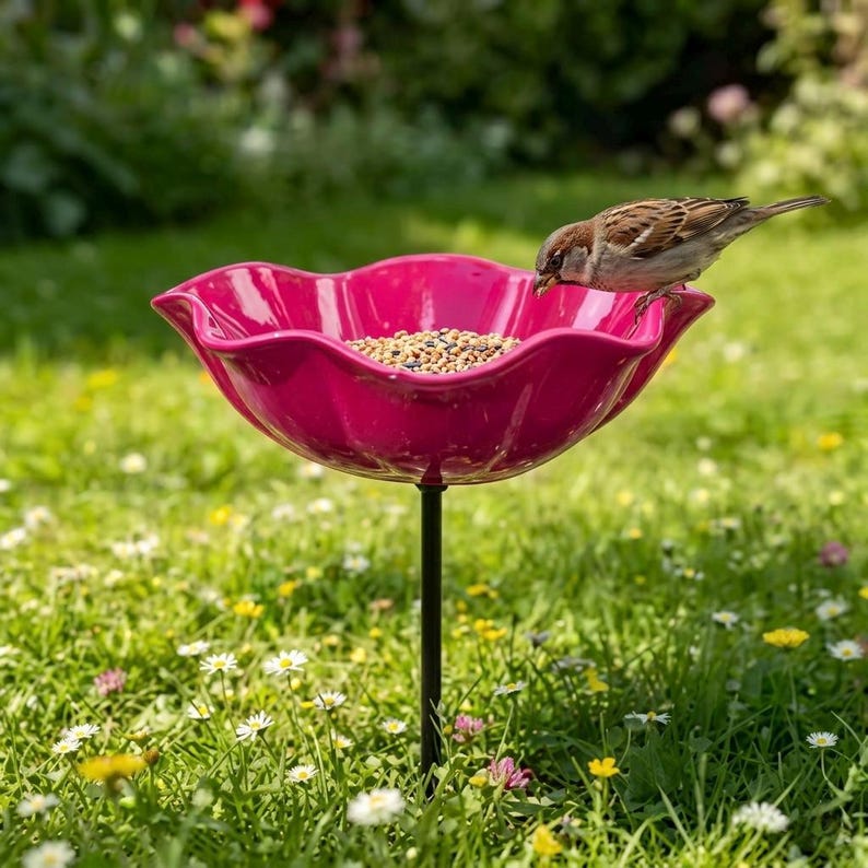 May include: A vibrant pink bird feeder shaped like a flower, filled with birdseed, stands in a grassy yard. A small brown bird perches on the edge, feeding. The feeder is supported by a black metal pole.