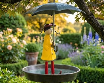 Hand-Painted Girl Umbrella Bird Bath Feeder, Metal Garden Decor, Cottage Ornament