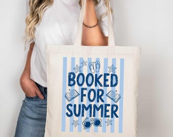 Booked for Summer Tote Bag, Book Lover Beach Bag, Cute Reading Canvas Bag, Summer Vacation Tote, Bookworm Gift for Her Aesthetic Library Bag