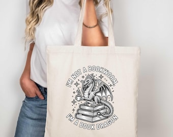 Book Dragon Tote Bag, I'm Not A Bookworm Canvas Bag, Fantasy Reader Gift, Cute Dragon Bookish Tote, Aesthetic Library Bag, Nerd Book Lover
