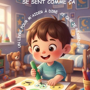 Pode incluir: Ilustração colorida de uma criança desenhando com um lápis verde em uma folha de papel com vários rostos de emoções. O texto na imagem diz: "Hoje, meu coração se sente assim. Um livro para me ajudar a dizer o que sinto!"