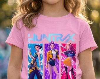 Camiseta de manga corta con estampado de dibujos animados de cazadores de demonios de K-Pop para niños, cuello redondo, estilo casual y moderno.