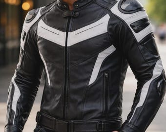 Herren Schwarz Weiß Leder Bikerjacke | Slim Fit Motorrad-Rennjacke | Schutzkleidung