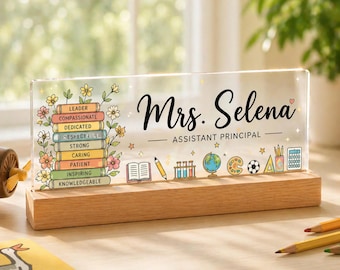 Personalized Acrylic Teacher Desk Name Plate, Custom Name Sign, Wooden Base Decor