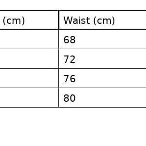 May include: A white table displaying a clothing size chart. It details sizes S, M, L, and XL, with measurements for length, waist, and hip in centimetres. Lengths vary from 47 cm to 50 cm.