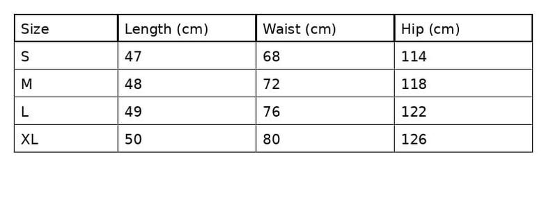 May include: A white table displaying a clothing size chart. It details sizes S, M, L, and XL, with measurements for length, waist, and hip in centimetres. Lengths vary from 47 cm to 50 cm.