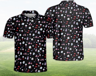 Polo de golf patriótico para hombre y mujer, regalo de golf en rojo, blanco y azul, polo con estampado de carrito de golf con la bandera de EE. UU., camiseta de golf unisex de alto rendimiento.