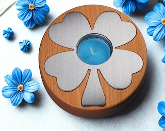 Porta-velas em forma de trevo de quatro folhas: decoração de amuleto da sorte em madeira e aço inoxidável