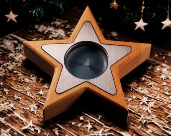 Bougeoir étoile : accent en acier inoxydable et bois massif - Décoration d'intérieur confortable
