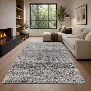 Alfombra de lana tejida a mano, alfombra moderna abstracta de pelo rizado, alfombra hecha a mano en gris crema neutro, alfombra bohemia para sala de estar de tamaño personalizado