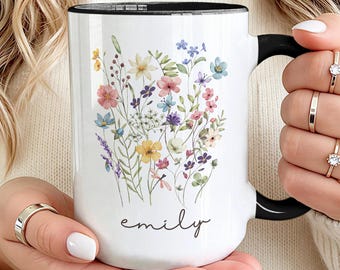 Personalized Wildflower Mug, Watercolor Floral Coffee Cup, Botanical Name Accent Mug