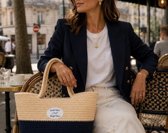 Sac fourre-tout en paille tressée à la main, sac à main panier de plage « Good Vibes High Tides »