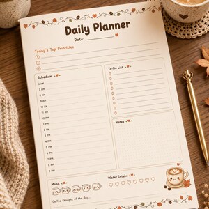 Op de afbeelding: Een dagplanner-notitieblok in bruin- en crèmetinten met koffie-illustraties. De pagina bevat secties voor prioriteiten, een planning van 06:00 tot 21:00 uur, een takenlijst, notities, stemmingsregistratie, waterinname en een koffiegedachte.