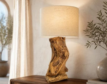 Unikat Olivenholz Tischlampe | Handgefertigte rustikale Holzlampe mit faltbarem Leinenschirm | Handwerker Beleuchtung Made in Spain | Unikat
