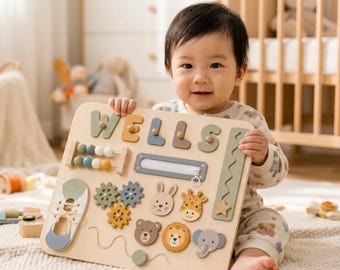 Personalisiertes Holznamenspuzzle, benutzerdefinierte Montessori Busy Board für Kleinkinder, Baby Namenspuzzle Geschenk, erste Geburtstagsgeschenk, Baby Jungen Mädchen Spielzeug